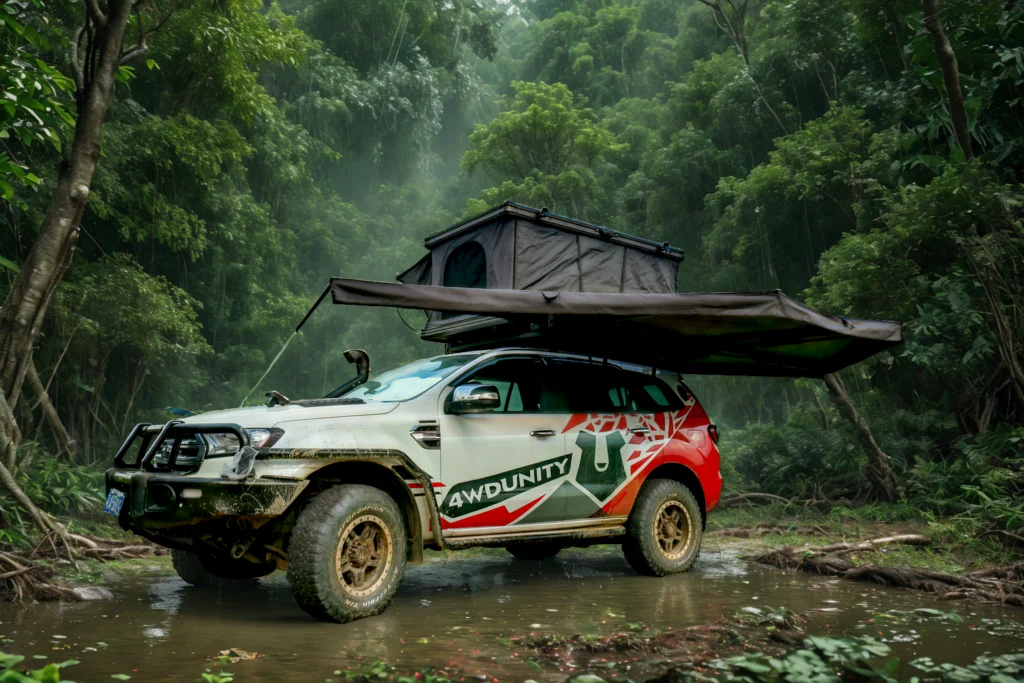 Hard shell roof top tent on an overland vehicle