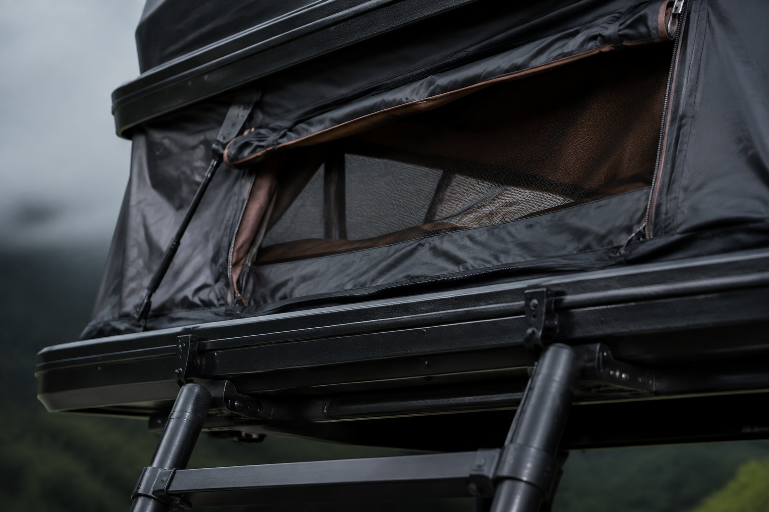 Tent fabric, window and ladder connection detail