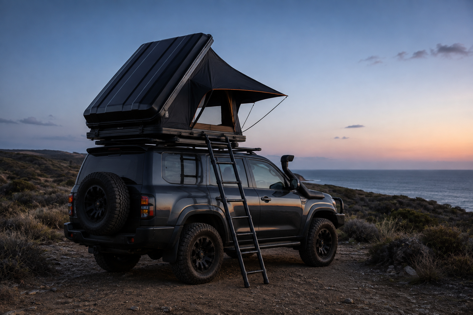 Hard shell rooftop tent opened on an off-road vehicle